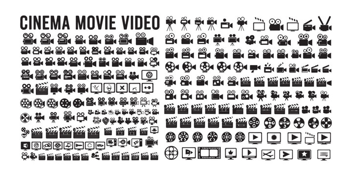 Collection of cinema and movie icons in black and white