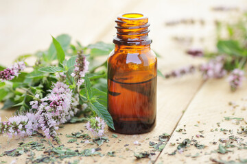 Mint essential oil or extract  on wooden rustic background with fresh flowers nearby, copy space, natural medicine,  natural hair and skin treatment, aromatherapy concept © spiegelka
