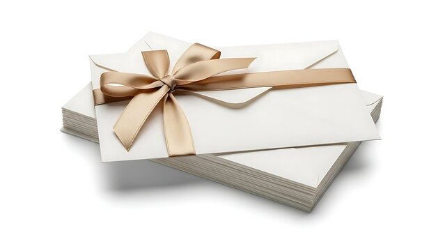 Elegant stack of white cards with golden ribbon bow