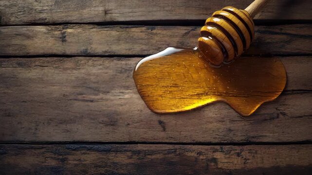 A wooden spoon pulls honey from a jar and drips it onto a wooden table. The honey slowly spreads out, creating a glossy surface. This happens during daytime in a kitchen