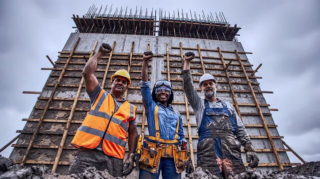 Construction workers posing in front of towering concrete formwork, muddy foreground, reflective safety vests and hard hats, power tools and tool belts visible, foreman and site engineer