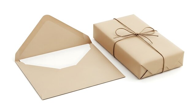 Brown kraft paper gift box and envelope with string bow