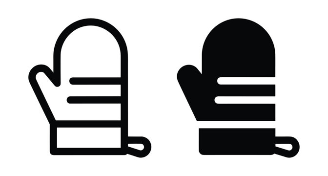 Oven mitt icon set featuring outline and solid black styles for kitchen cooking baking heat protection and culinary safety equipment