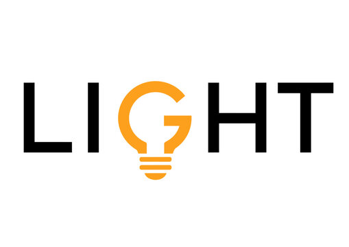 Minimalist light typography logo featuring a creatively integrated light bulb within bold modern lettering. Clean black and yellow vector design symbolizing ideas