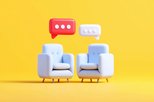 Minimal 3D chat conversation concept with speech bubbles and chairs