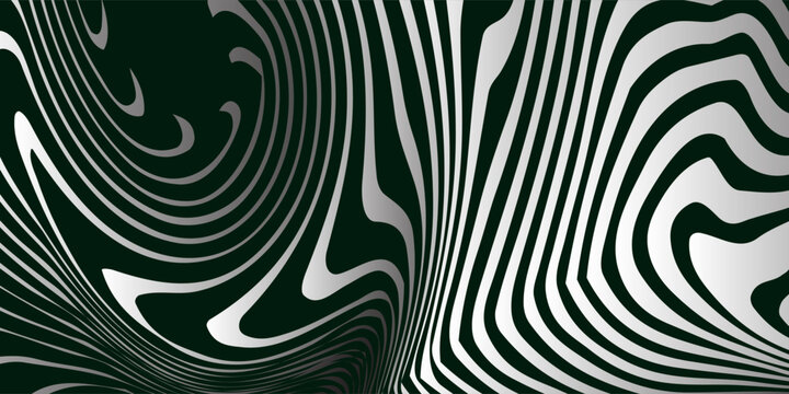 Abstract dynamic wavy lines pattern background. Simple vector illustration of silver curved distorted stripes on dark green backdrop, optical illusion liquid marble texture, modern flowing graphic des