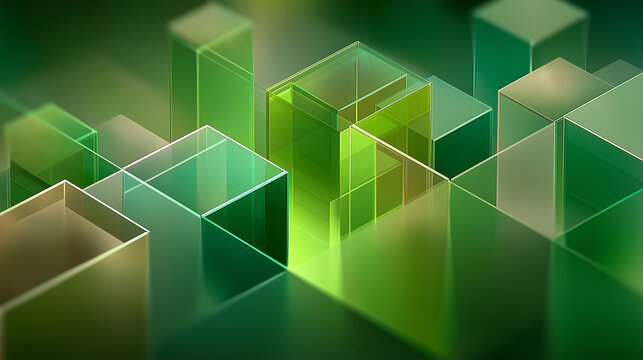 Abstract green geometric glass blocks representing modern architecture and technology