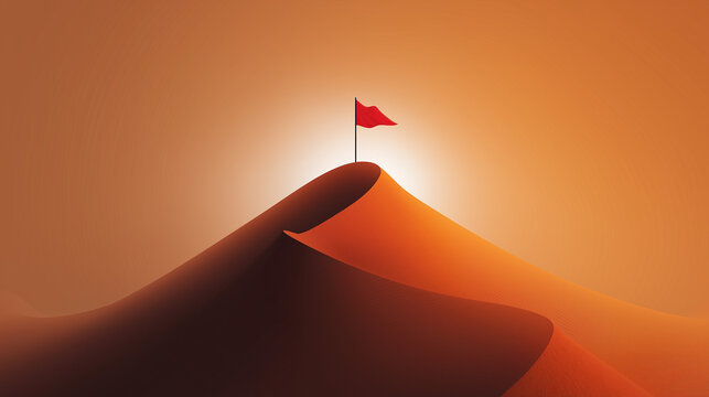 Flag on mountain peak symbolizing achievement, goals and success