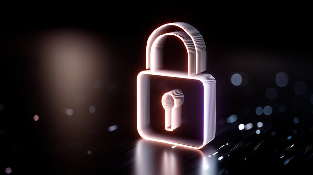 Neon padlock icon representing cybersecurity and digital protection
