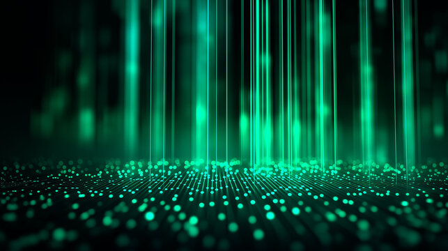 Futuristic green digital light columns and technology data stream background
