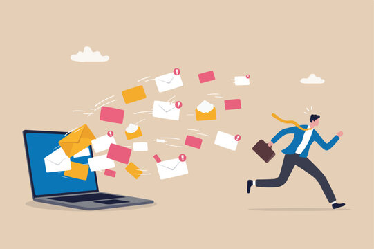 Email overload too many junk mails that reduce efficiency and productivity in work and time management concept, businessman office guy run away from overload flying mail letter from computer laptop
