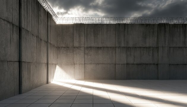Stark concrete walls, razor wire topping, bathed in dramatic light