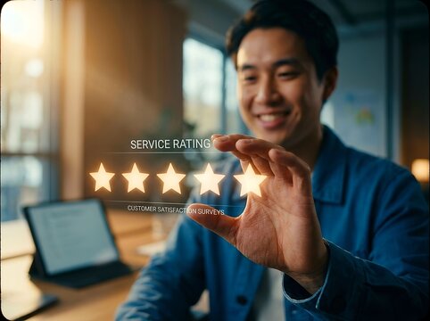 Customer Satisfaction Survey Rating with Five Stars. excellent customer service, consumer product reviews, business reputation feedback, and user experience satisfaction surveys