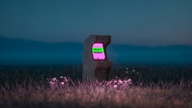 Retro Arcade Cabinet in Empty Field with Play Again Screen 3D Render