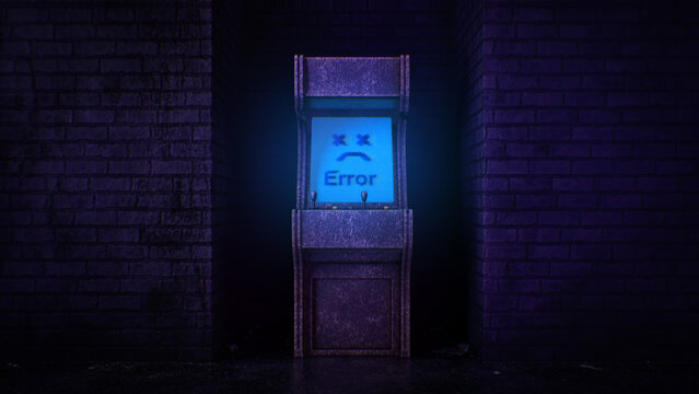 Retro Arcade with Error Screen in Dark Alley 3D Render