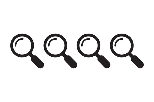 A horizontal row of four identical black magnifying glass with circular lenses and handles displayed against a clean white background representing search analysis or investigation. Keywords
