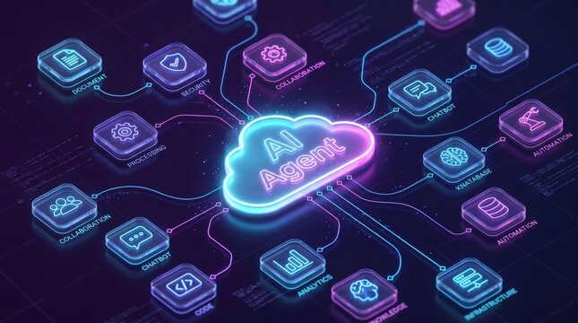 AI Agent Network: An AI Agent is at the center of a digital network, connected to various modules representing different functions and services.