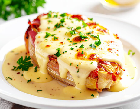 Belgian chicon au gratin, endive wrapped in ham with b&eacute;chamel sauce, closeup. AI