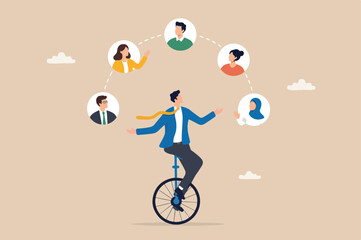 People management or HR, human resources, diversity or inclusive, career and recruitment concept, smart skillful businessman manager riding unicycle balance juggling team members diversify people © Hanufa