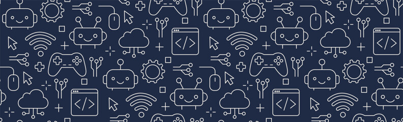 Horizontal seamless vector pattern with robot faces, gamepads, cloud tech, and school coding icons. Educational science background for elementary kids school stationery, web banners. dark blue white © svsunny