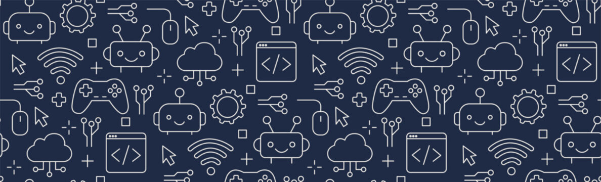 Horizontal seamless vector pattern with robot faces, gamepads, cloud tech, and school coding icons. Educational science background for elementary kids school stationery, web banners. dark blue white