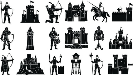 Obraz premium Medieval Castle and Knight Silhouette Vector Icons Collection for Fantasy Design