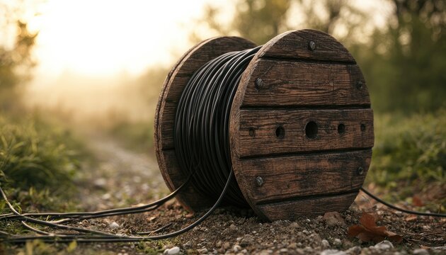 Wooden spool of thick black cable resting on a dirt path, sunlight glow
