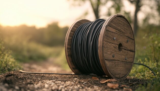 Wooden spool of black cable rests on a dirt path at sunset