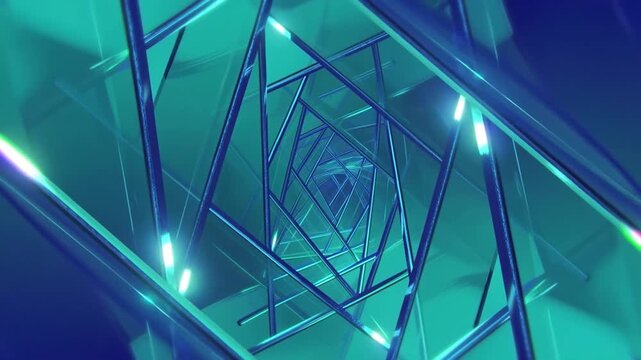 Tracking shot of geometric metal frames spiraling inward while rotating and moving forward through abstract teal tunnel interior