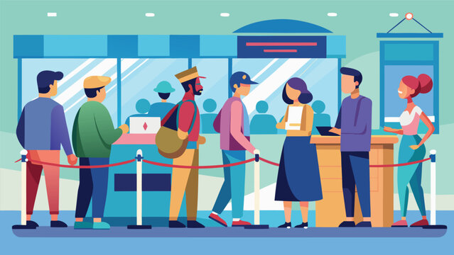 Diverse people queuing in a modern office waiting line during daytime with bright lighting and flat design style