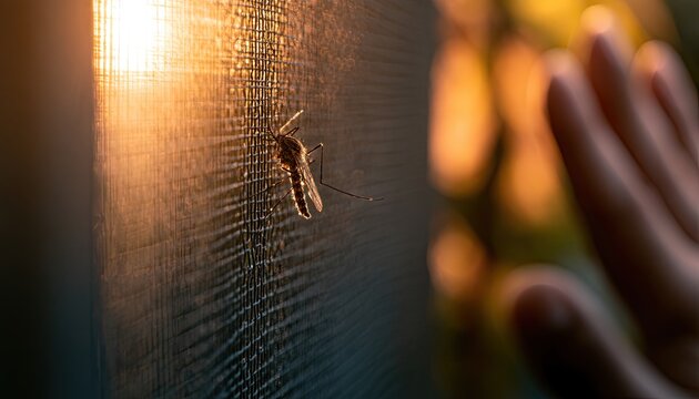A mosquito clings to a window screen, backlit by a warm, golden sunset
