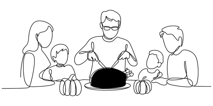 Happy family having thanksgiving dinner with roasted turkey and pumpkins drawn in a continuous one line art style Vector, illustration
