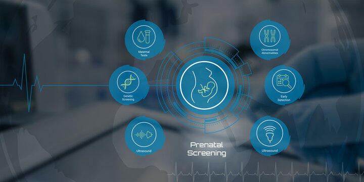Modern prenatal screening methods illustrated with medical icons and fetal ultrasound visualization