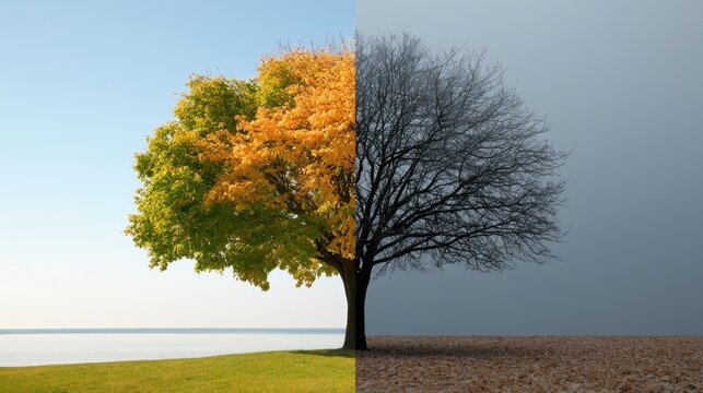 Half vibrant autumn foliage, half bare winter branches, on one tree