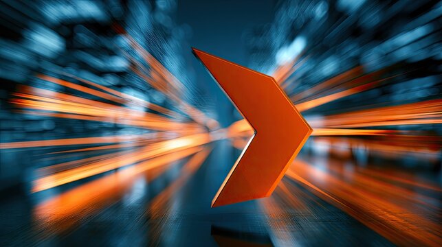 Orange chevron arrow forward, streaks of light, motion blur, dynamic