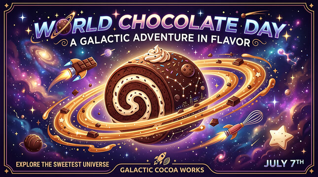 World chocolate day promotional poster featuring a chocolate swiss roll space station in a galactic universe chocolate celebration adventure universe astronomy abstract creative