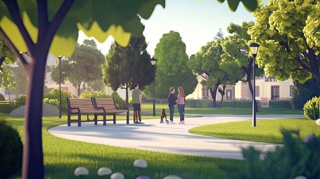 A peaceful neighborhood park where people greet each other with smiles and polite gestures, 