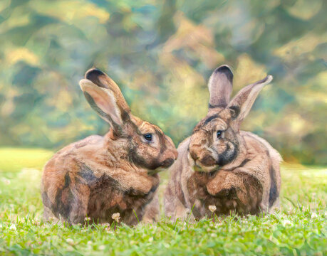Flemish Giant Rabbit Pair on lawn, digital photo art