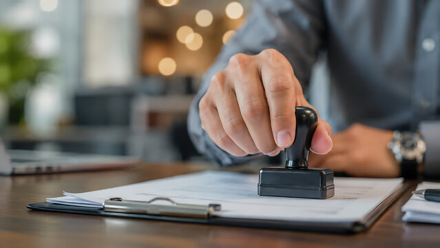 A man's hand stamping a document with a black rubber stamp on a wooden desk.