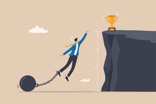 Try too hard, business limit or mistake causing failure, almost success but fail, bad planning mismanagement concept, businessman trying too hard to reach for achievement but fail with limitation