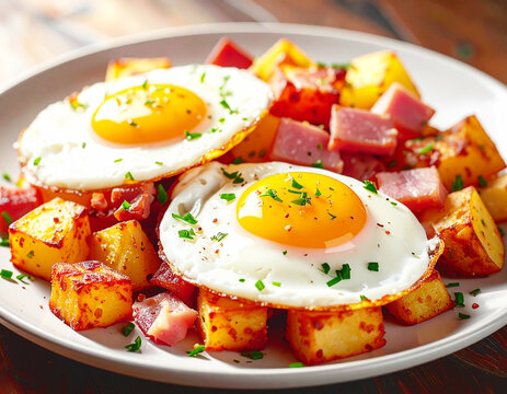Fried eggs, ham, hash brown potatoes, closeup. AI
