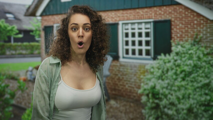 Fototapeta premium Woman with visible chest in a thin tank top, mouth open and looking to the side while standing at a building entrance beside a window and hedge; surprise.