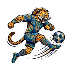 Fototapeta premium Jaguar Mascot Playing Soccer, Kicking Football with Aggressive Expression, Wearing Traditional Aztec-Inspired Jersey