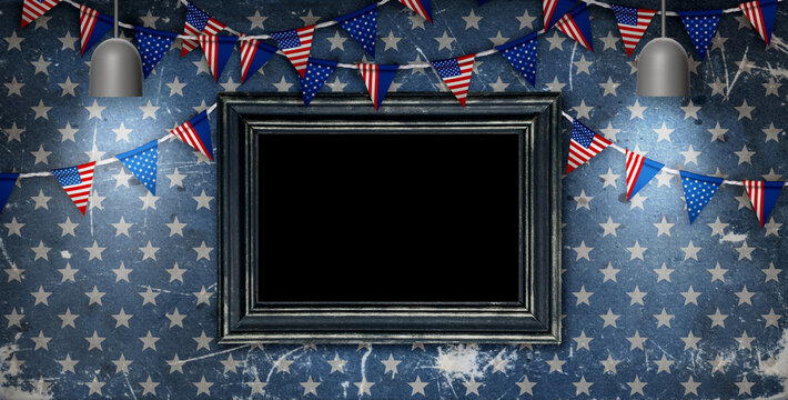 4th of july Independence Day theme, retro interior in USA flag color and empty photo frame mockup on wall background with lighting lamps, festive concept for America 250th Anniversary holiday.