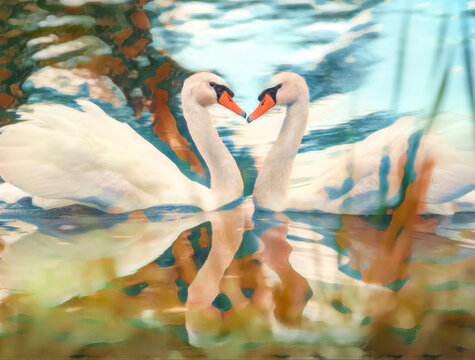 digital photo art, Pair of swimming white swans forming heart shape