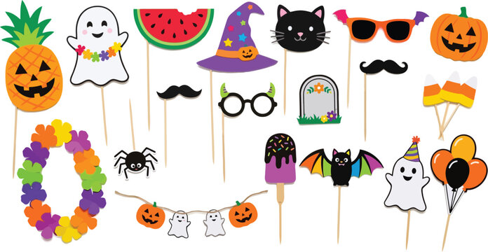 Halloween party props collection features spooky masks and festive decorations.