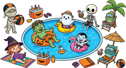 Obraz premium Monsters enjoy a vibrant pool party filled with tropical drinks and summer fun.