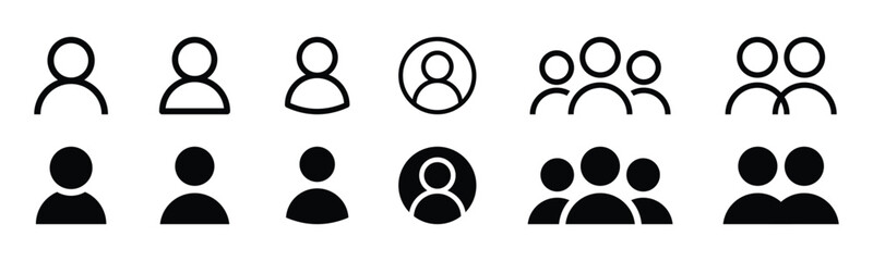 Set of user profile and group icons in outline and solid fill styles, representing single individuals and multiple people for digital interfaces and applications.