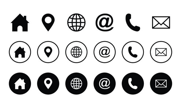 Set of essential contact information icons in three distinct styles, including home, location pin, globe, email, phone, and message symbols, for digital communication and web design.