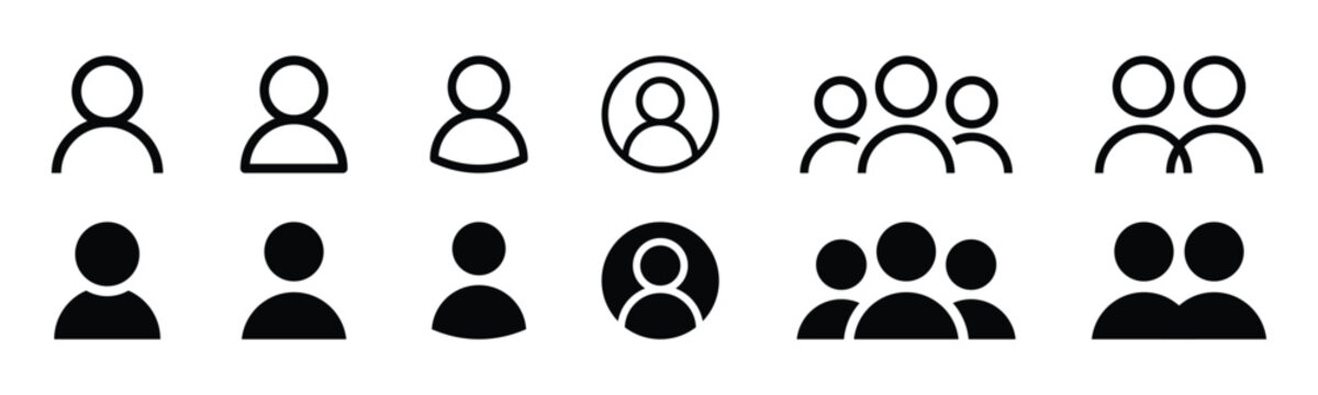 Set of user profile and group icons in outline and solid fill styles, representing single individuals and multiple people for digital interfaces and applications.